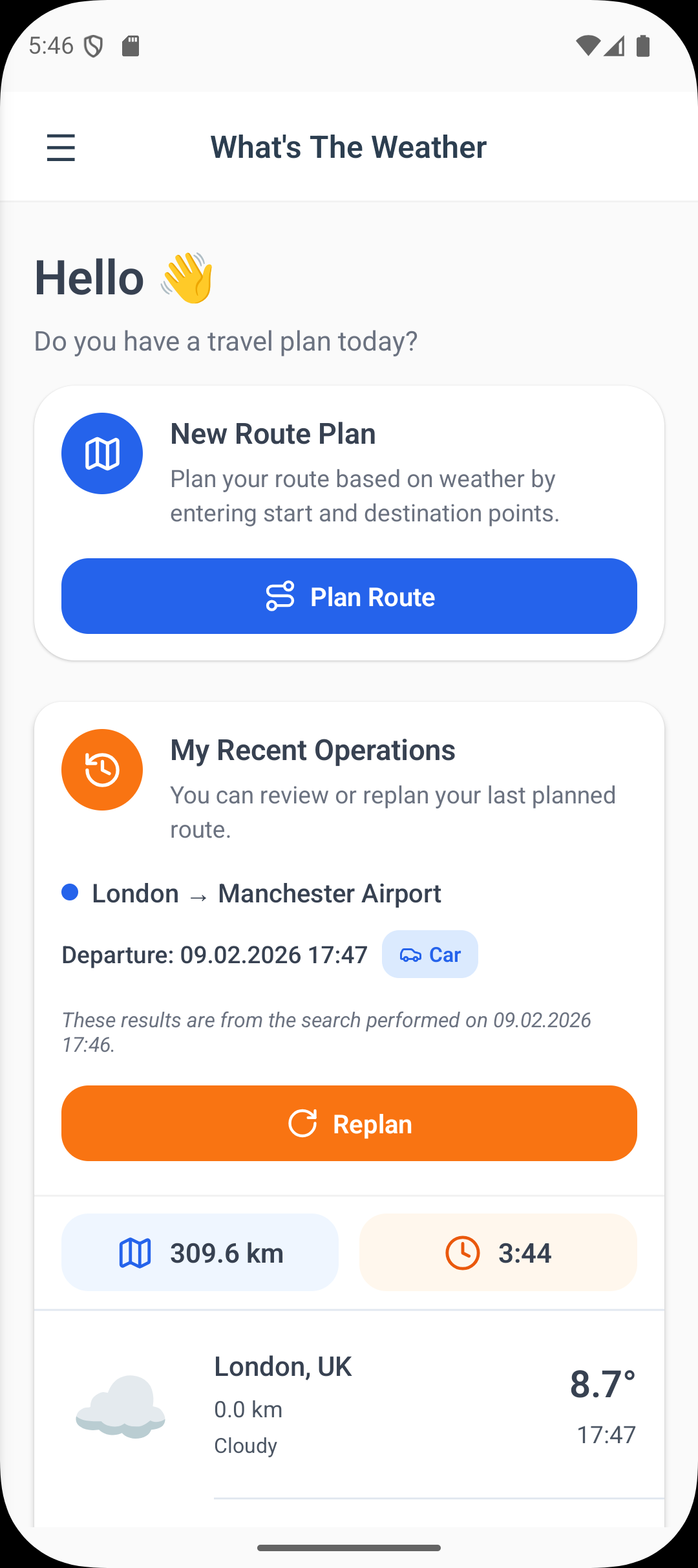 Weather On The Route Home Screen - Light Theme