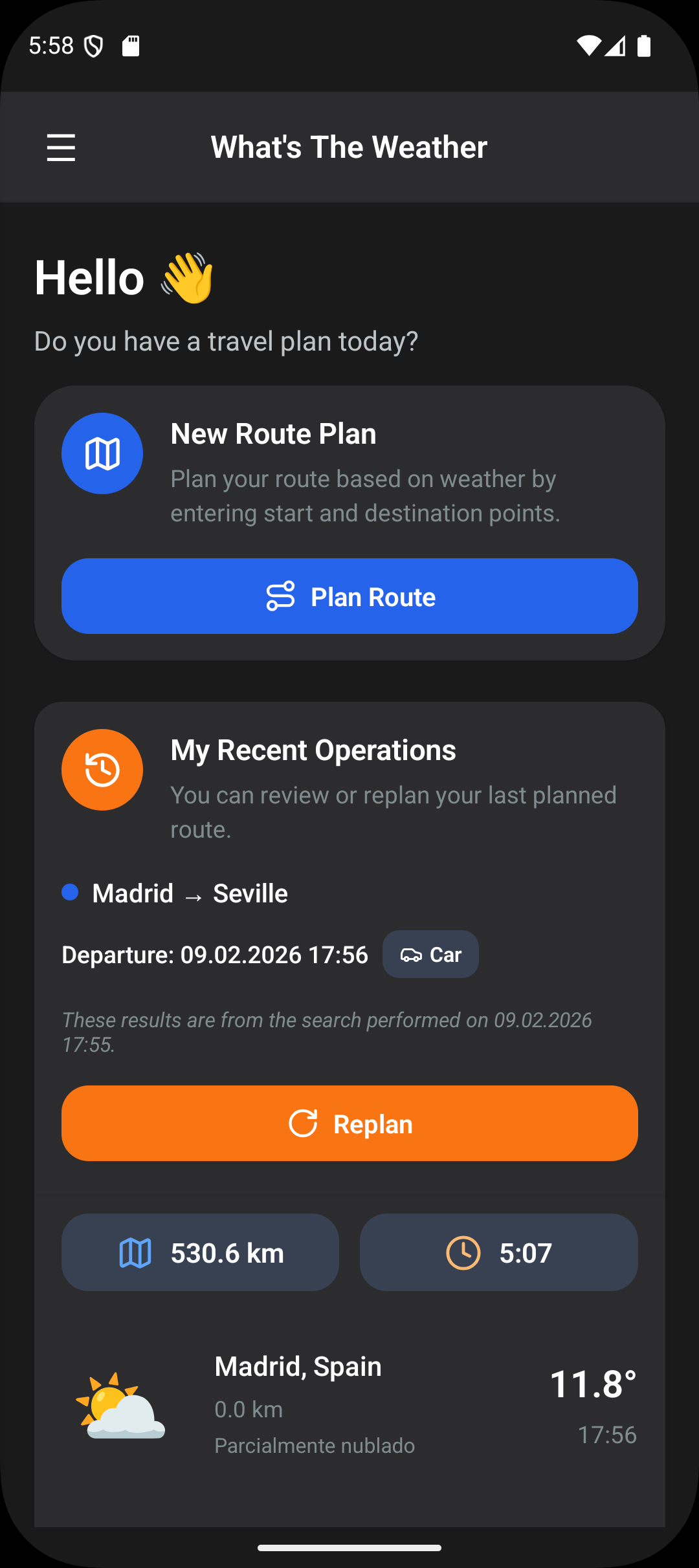 Weather On The Route Home Screen - Dark Theme